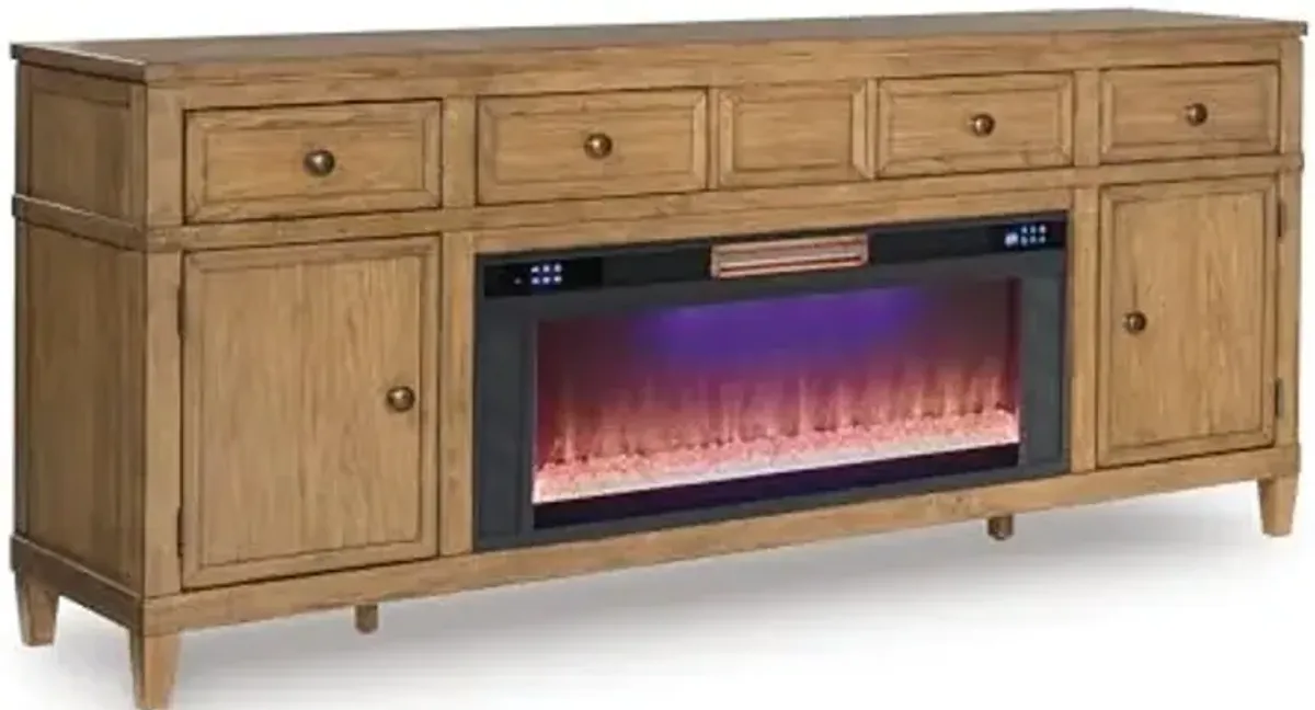 Signature Design by Ashley Sharlance Casual TV Stand with Electric Fireplace, Speakers with Wireless Connectivity, Heats Large Rooms, Wood, 81" Wide, Light Brown