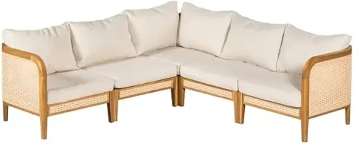 Christopher Knight Home Tilden Acacia Wood V-Shaped Outdoor Sofa with Removable Cushion, Wicker Patio Modular Sectional Sofa for 5 Seaters, Modular Sofa Couch for Poolside, Garden, Backyard,Teak+Beige