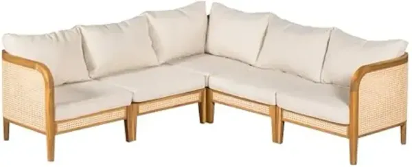 Christopher Knight Home Tilden Acacia Wood V-Shaped Outdoor Sofa with Removable Cushion, Wicker Patio Modular Sectional Sofa for 5 Seaters, Modular Sofa Couch for Poolside, Garden, Backyard,Teak+Beige