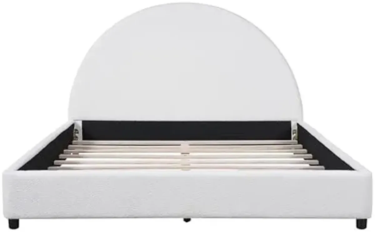Christopher Knight Home Celyn Modern Queen Size Bed Frame with Upholstered Headboard, Boucle Upholstered Platform Bed Frame Queen, Wooden Slat Panel Support, No Spring Box Needed, Easy Assembly, White