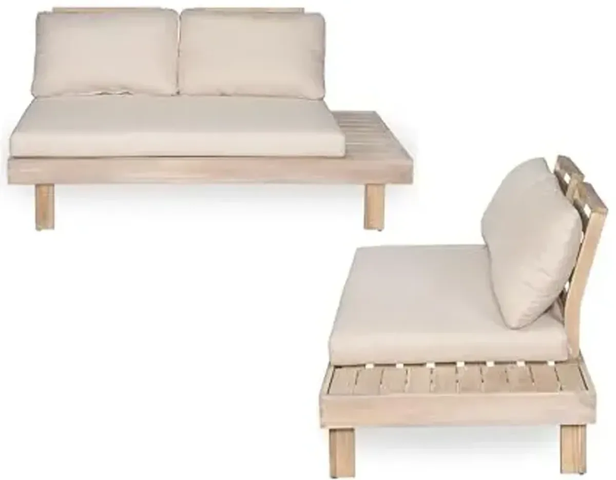 Christopher Knight Home Topia Acacia Wood Outdoor Sofa with Removable Cushion, Wooden Patio Modular Sectional Sofa for 4 Seaters, Modular Sofa Couch for Poolside, Garden, Backyard, Light White+Beige