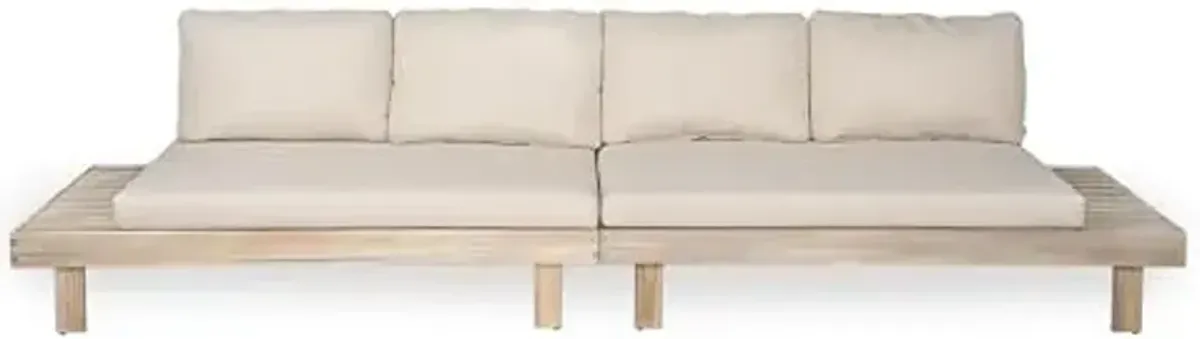 Christopher Knight Home Topia Acacia Wood Outdoor Sofa with Removable Cushion, Wooden Patio Modular Sectional Sofa for 4 Seaters, Modular Sofa Couch for Poolside, Garden, Backyard, Light White+Beige