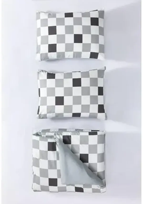 Urban Lifestyle Full 3 Piece Comforter Set,Modern Black & Gray Reversible Checkerboard Pattern with 2 Pillow Shams, Soft Microfiber Bedding for Teens,Dorms,Guest Room