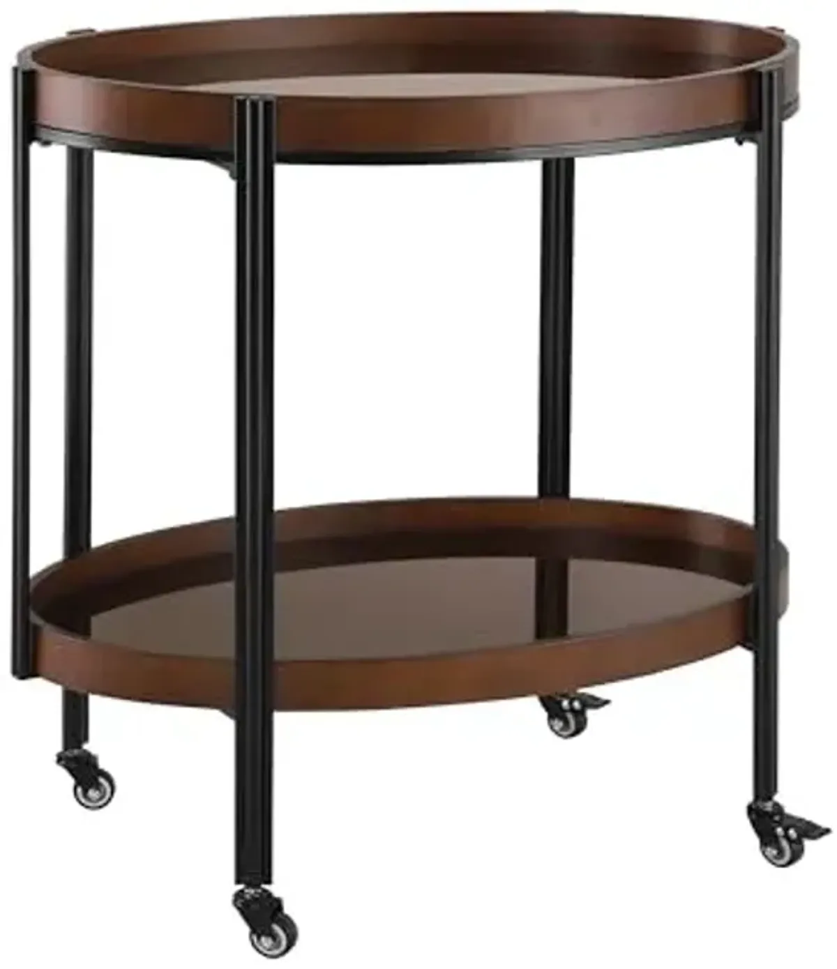 Christopher Knight Home Liz Bar Cart with Wheels, Oval Serving Cart with 2 Tempered Glass Shelves for Home Bar, 2 Tier Storage Drink Trolley, Beverage Cart with Metal and Wood Frame, Black+Dark Walnut