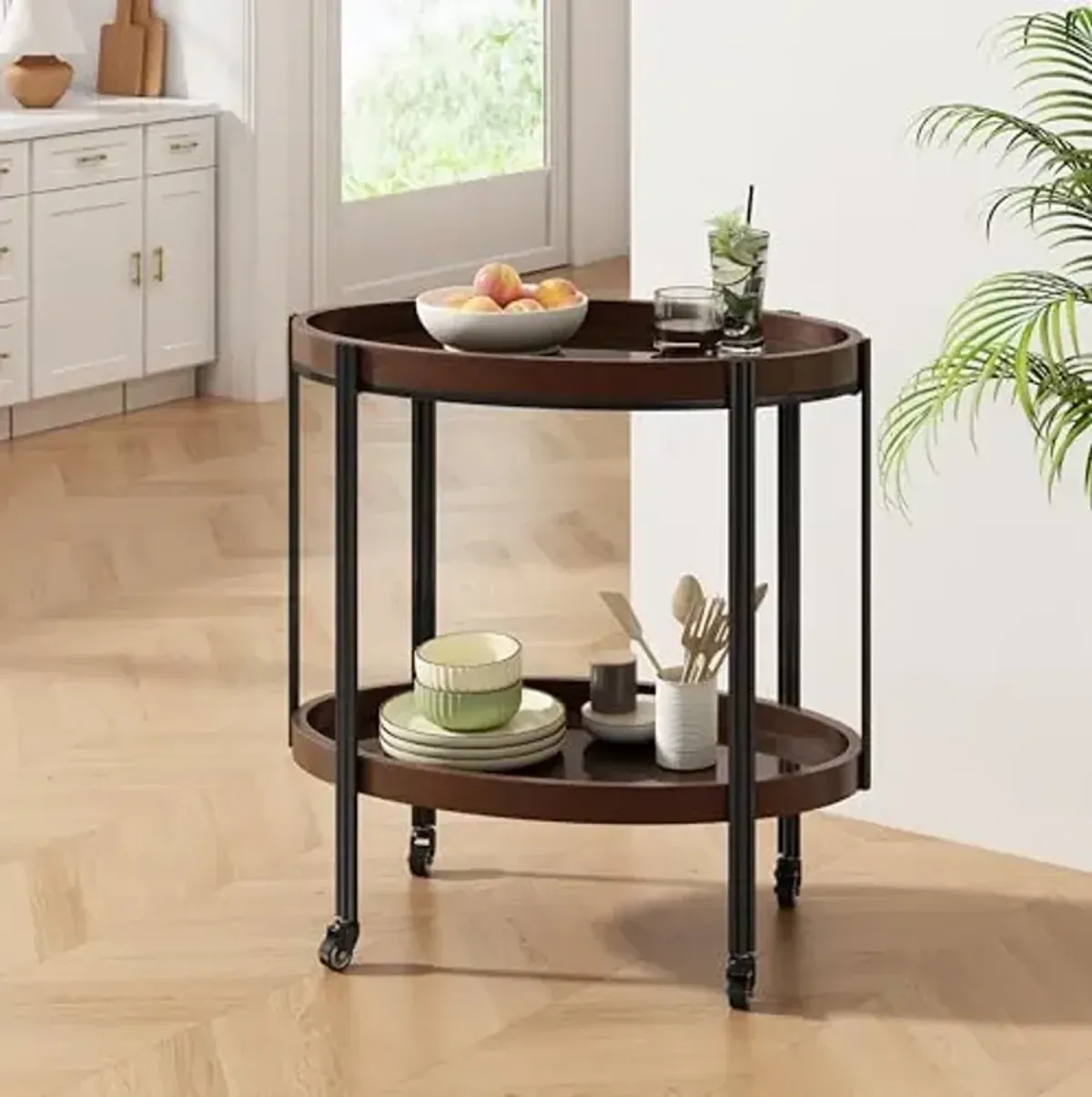 Christopher Knight Home Liz Bar Cart with Wheels, Oval Serving Cart with 2 Tempered Glass Shelves for Home Bar, 2 Tier Storage Drink Trolley, Beverage Cart with Metal and Wood Frame, Black+Dark Walnut