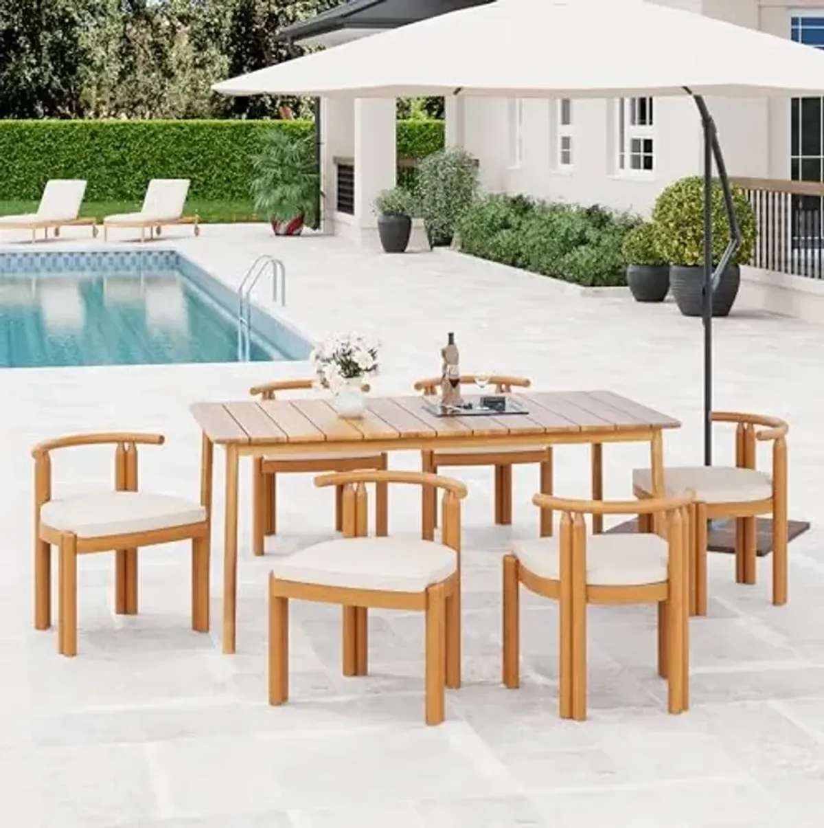 Christopher Knight Home Coves Acacia Wood Outdoor Dining Table Set for 6, 7 Piece Wooden Patio Dining Set with Water-Resistant Cushion, Patio Table and Dining Chairs Set, Teak+ Beige
