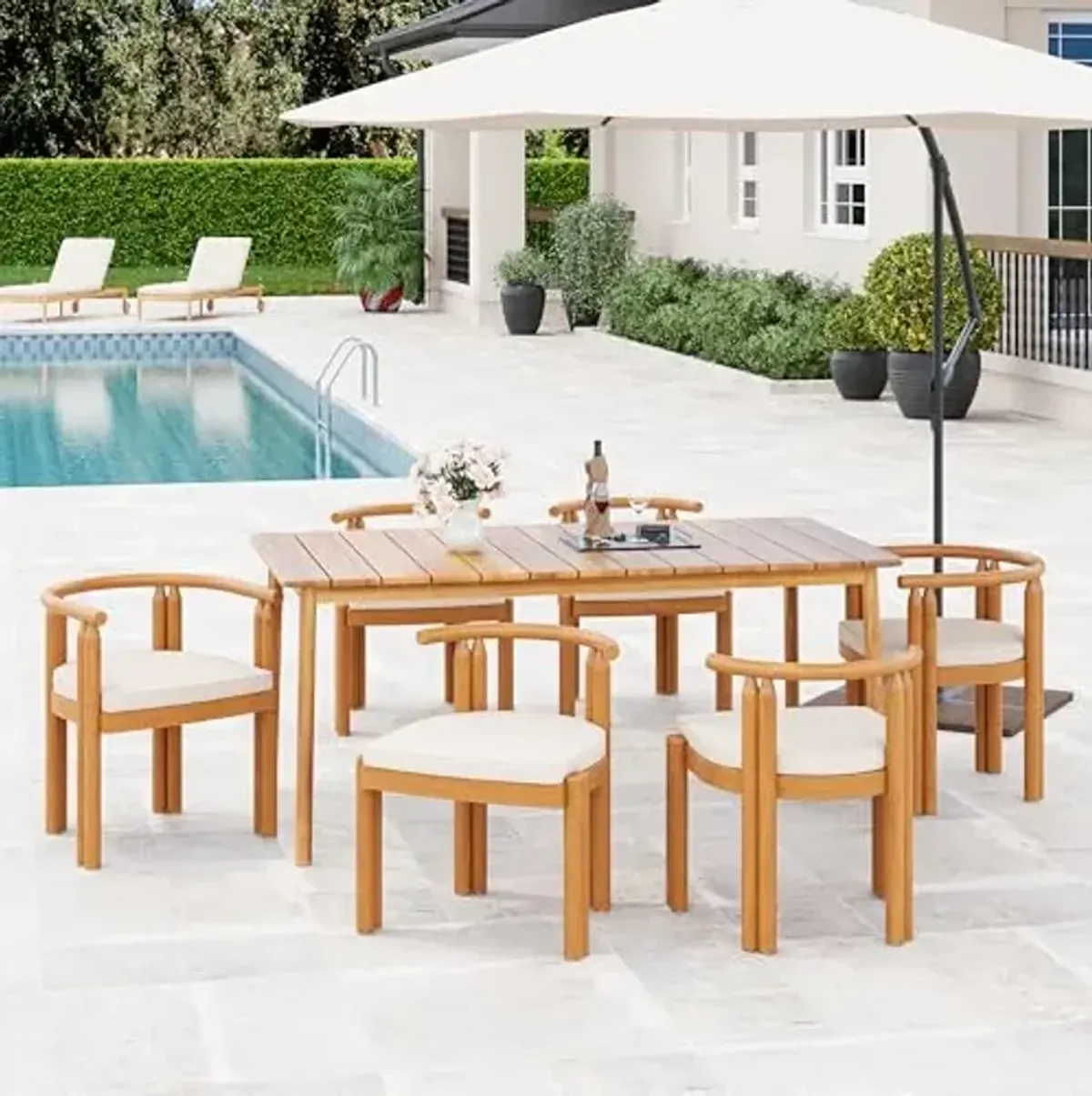 Christopher Knight Home Coves Acacia Wood Outdoor Dining Table Set for 6, 7 Piece Wooden Patio Dining Set with Water-Resistant Cushion, Patio Table and Dining Chairs Set of 6, Teak+Beige