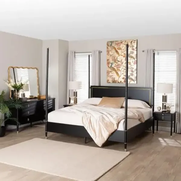 Baxton Studio Tamra Four-Poster Platform Bedroom Set - Black Wood Bed Frame with Matching Dresser and Two Nightstands, Modern Transitional Bedroom Furniture, King