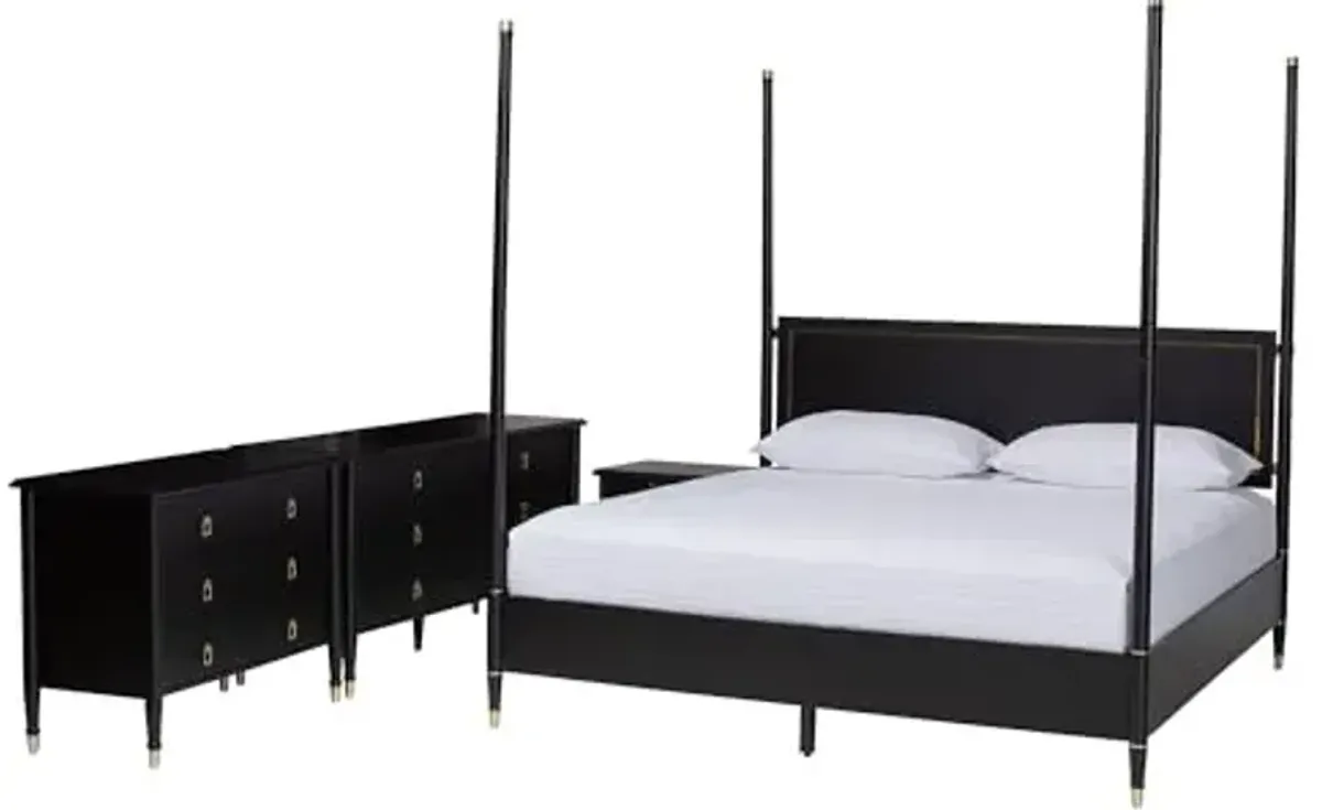 Baxton Studio Tamra Four-Poster Platform Bedroom Set - Black Wood Bed Frame with Matching Dresser, Chest and Nightstand, Modern Transitional Bedroom Furniture, King