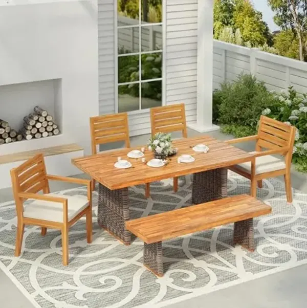 Christopher Knight Home Zoe Acacia Wood Outdoor Dining Set, Outdoor Dining Table Set for 6, Patio Table with Bench and 4 Dining Chairs with Cushions, Patio Furniture Set, Grey + Brown + Cream