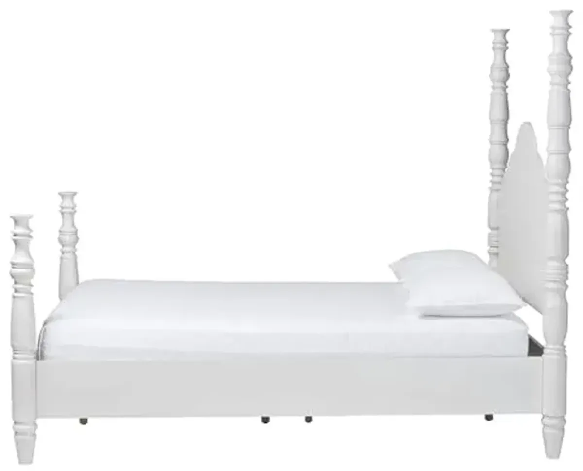 Baxton Studio Martino Four-Poster Platform Bed - Sculpted Post Bed Frame with Panel Headboard, Vintage Spindle Bed, White, Queen