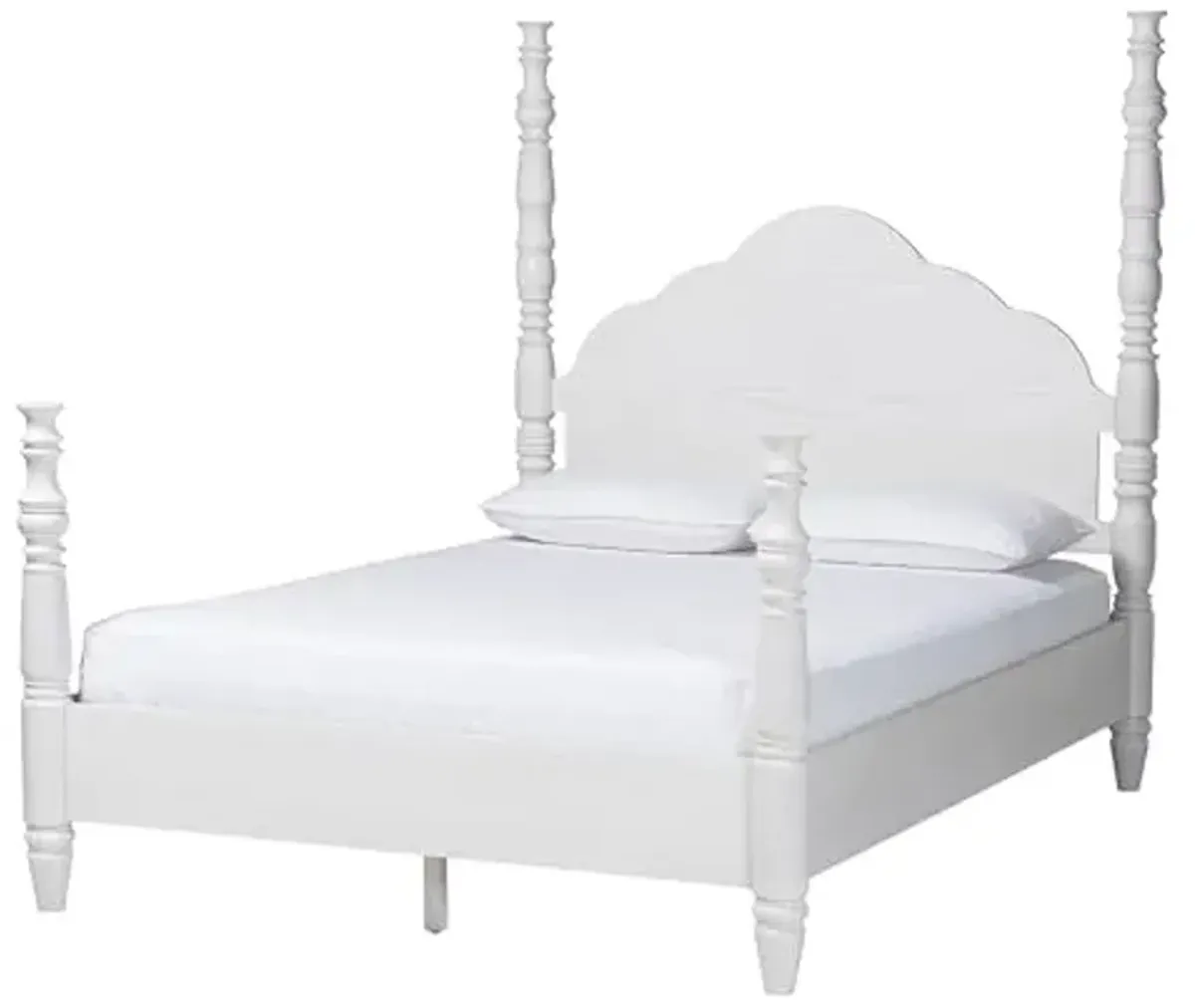 Baxton Studio Martino Four-Poster Platform Bed - Sculpted Post Bed Frame with Panel Headboard, Vintage Spindle Bed, White, Queen