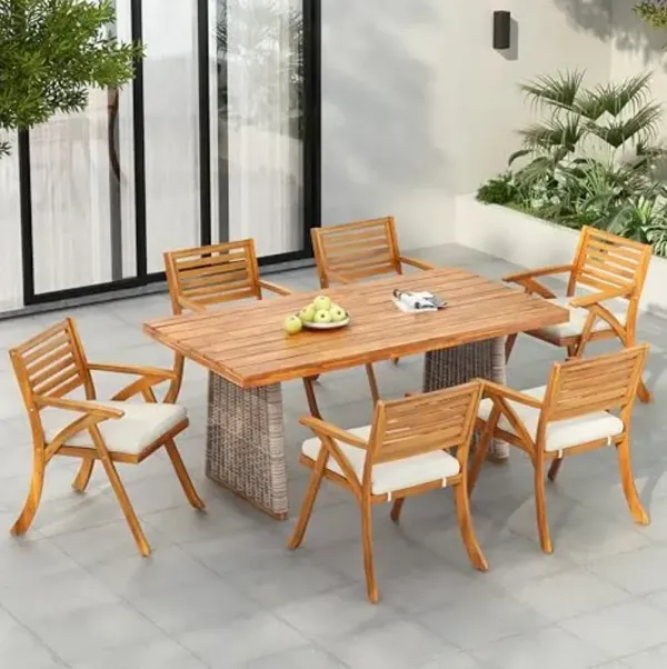 Christopher Knight Home Zax Acacia Wood Outdoor Dining Table Set for 6, 7 Pieces Outdoor Dining Set, Patio Table and Dining Chairs Set of 6 with Cushions, Patio Furniture Set, Teak + Brown + Cream