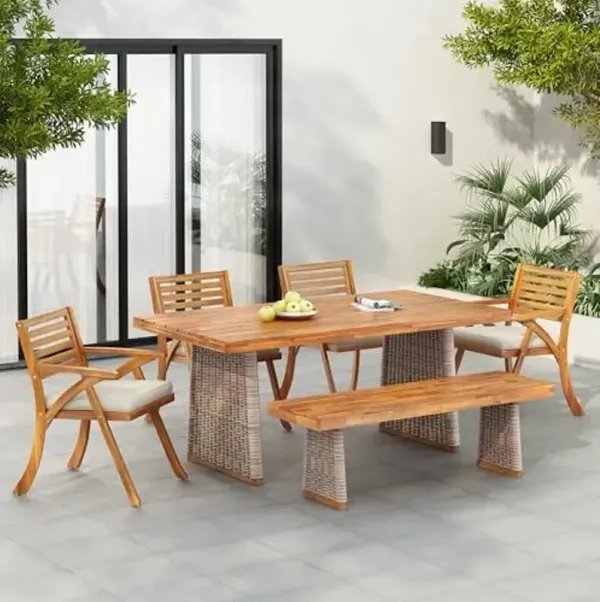 Christopher Knight Home Fiora 6 Pieces Acacia Wood Outdoor Dining Table Set for 6, Patio Dining Table for 6 with Wicker Accent, Dining Chairs Set of 4 with Cushions and Outdoor Bench, Teak+Cream+Brown