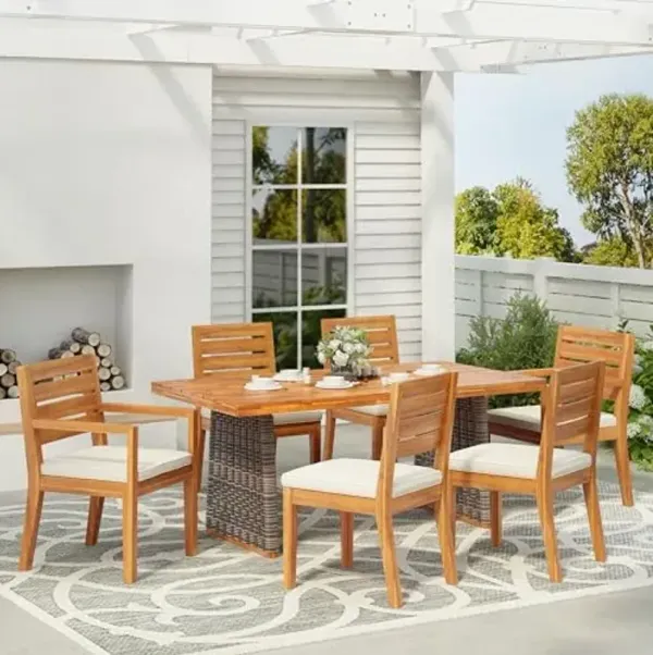 Christopher Knight Home Smeb Acacia Wood Outdoor Dining Table Set for 6, Outdoor Dining Set, Patio Table and Dining Chairs Set of 6 with Cushions, 7 Pieces Patio Furniture Set, Grey + Brown + Cream