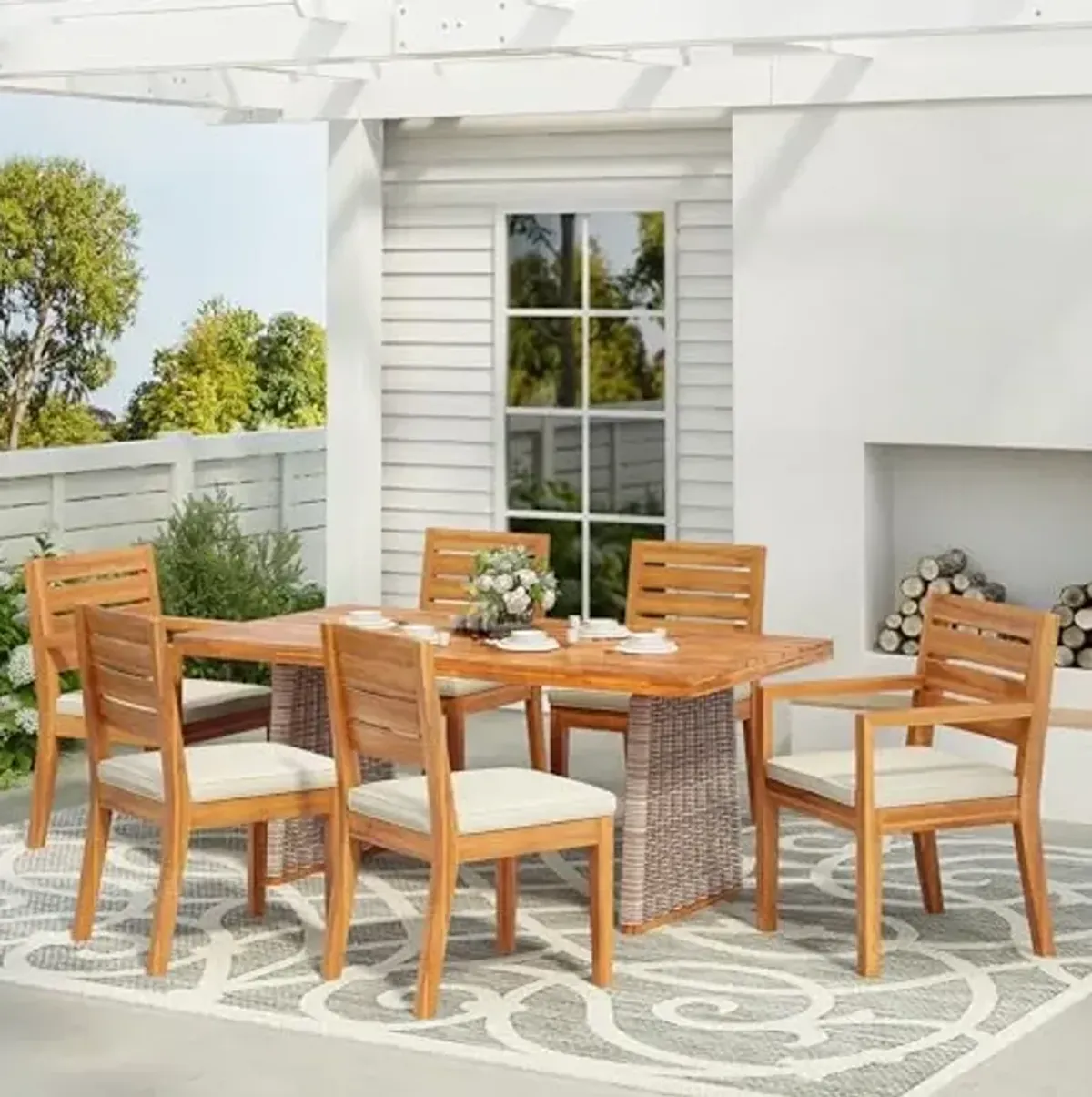 Christopher Knight Home Smeb Acacia Wood Outdoor Dining Table Set for 6, Outdoor Dining Set, Patio Table and Dining Chairs Set of 6 with Cushions, 7 Pieces Patio Furniture Set, Teak + Brown + Cream