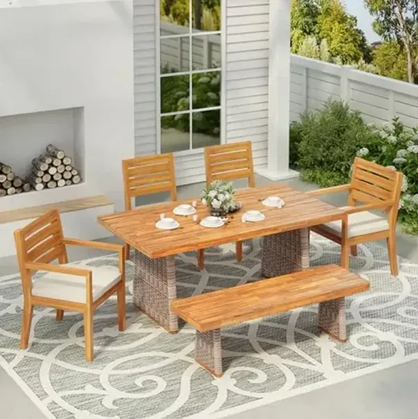 Christopher Knight Home Zoe Acacia Wood Outdoor Dining Set, Outdoor Dining Table Set for 6, Patio Table with Bench and 4 Dining Chairs with Cushions, Patio Furniture Set, Teak + Brown + Cream