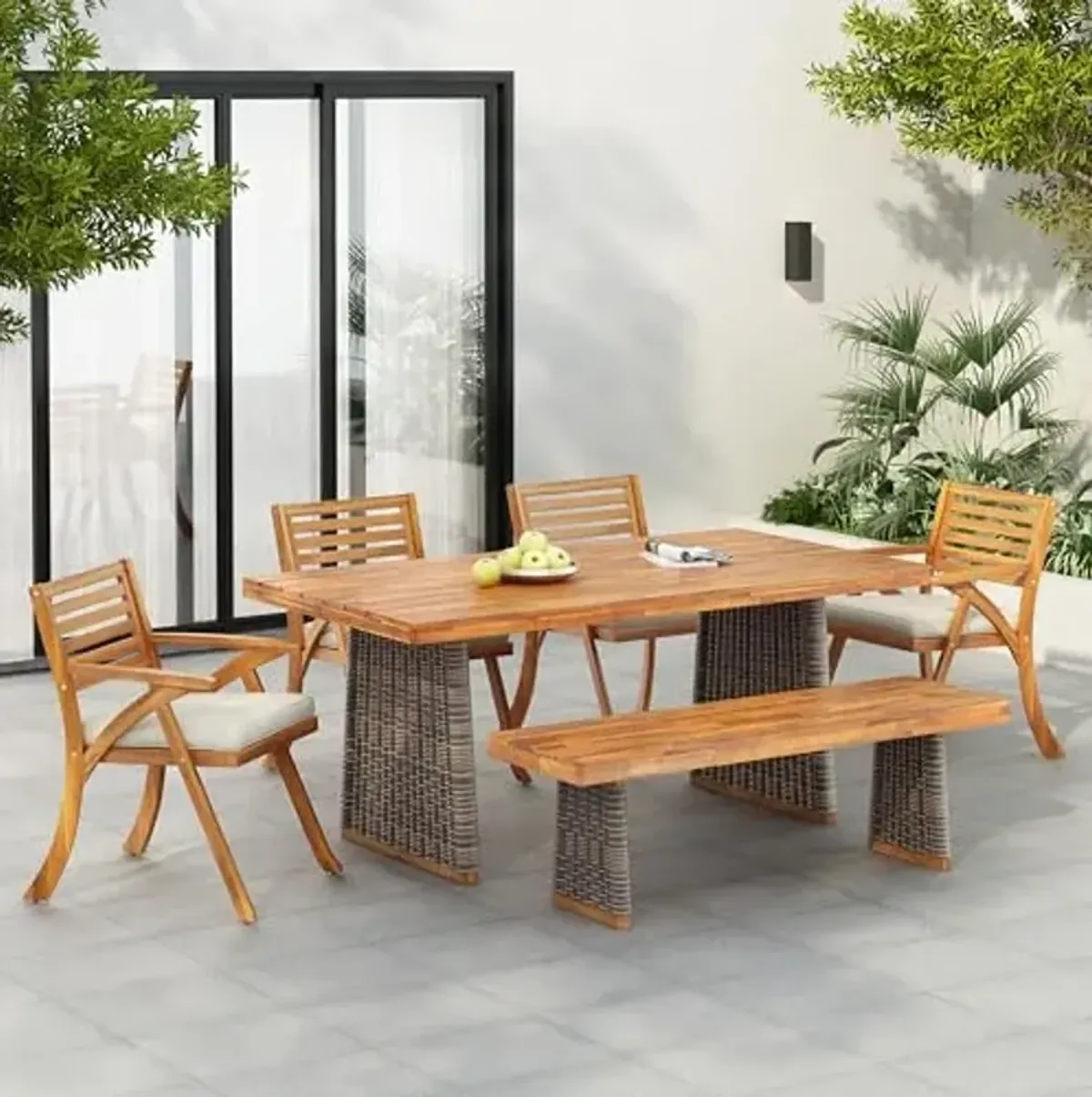 Christopher Knight Home Fiora 6 Pieces Acacia Wood Outdoor Dining Table Set for 6, Patio Dining Table for 6 with Wicker Accent, Dining Chairs Set of 4 with Cushions and Outdoor Bench, Teak+Cream+Grey