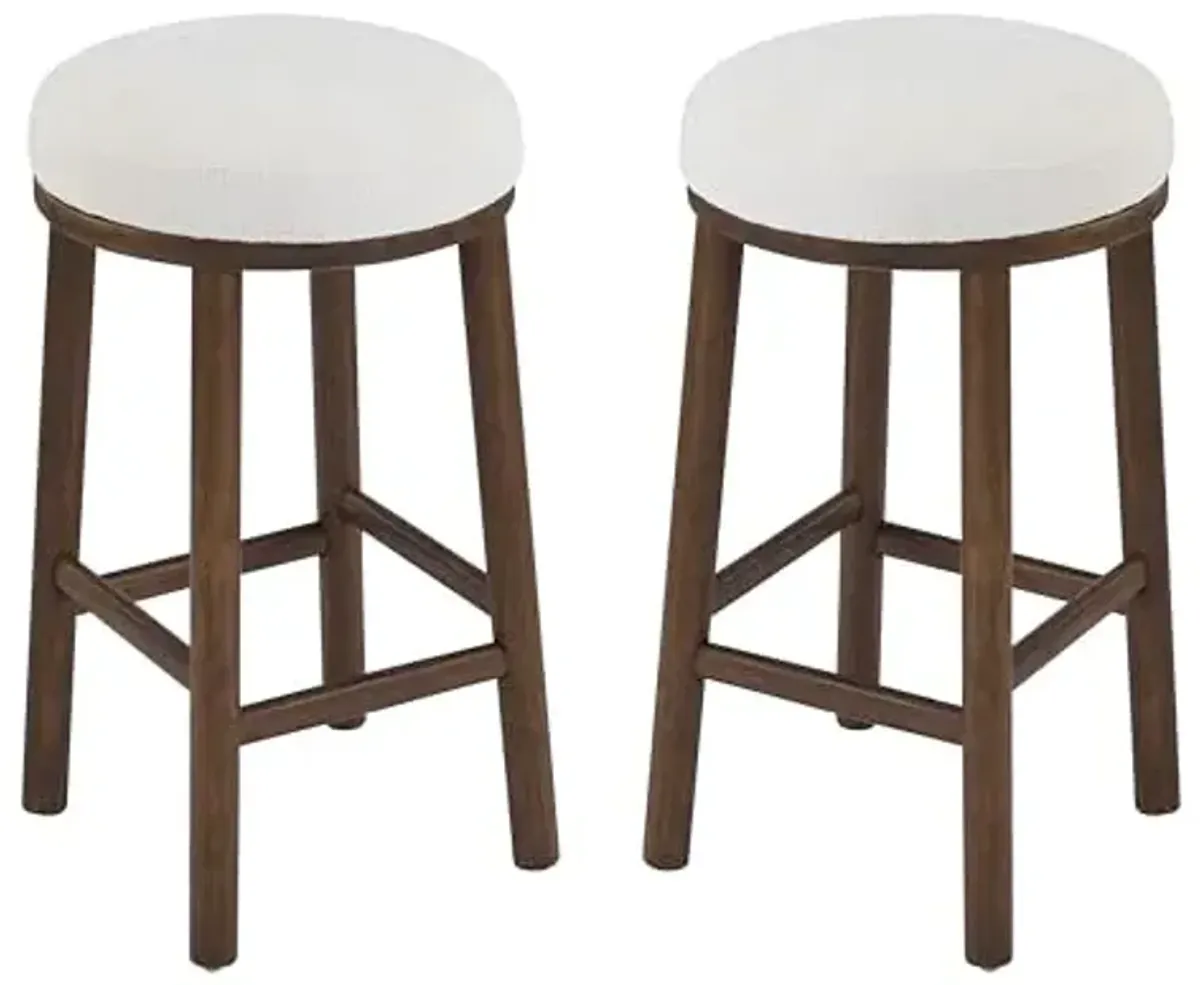 Christopher Knight Home Aubrie Counter Height Bar Stools Set of 2, Linen Fabric Round Bar Stool for Kitchen Island, Wooden Backless Dining Room Chair, Counter Stool with Footrest, Walnut+Milky White