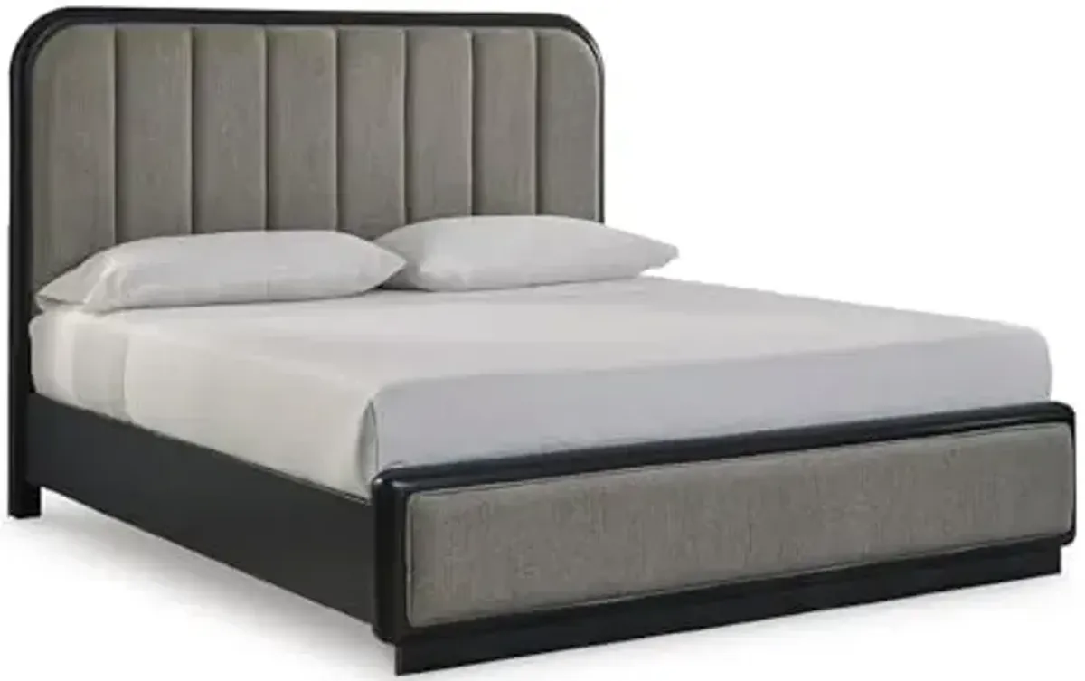 Signature Design by Ashley Rowanbeck Contemporary California King Upholstered Panel Bed, Foundation or Box Spring Needed, Gray & Black