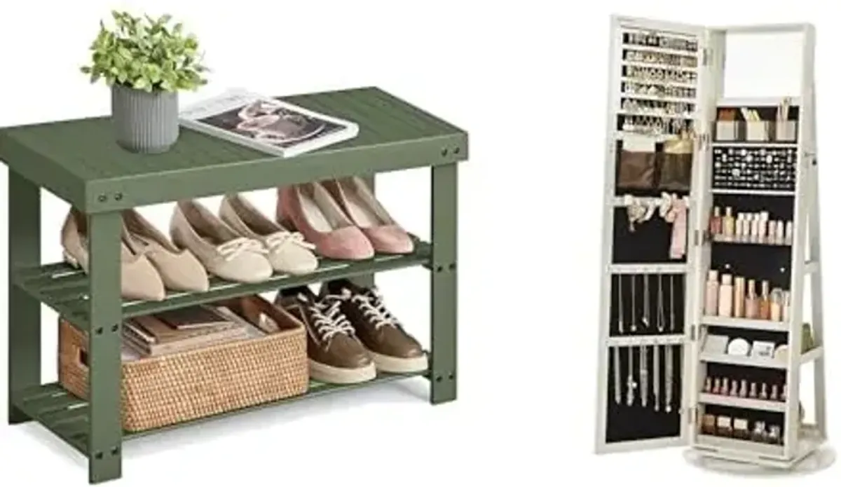 SONGMICS Shoe Rack Bench, 360° Swivel Jewelry Cabinet, ULBS004C01 and UJJC006W01