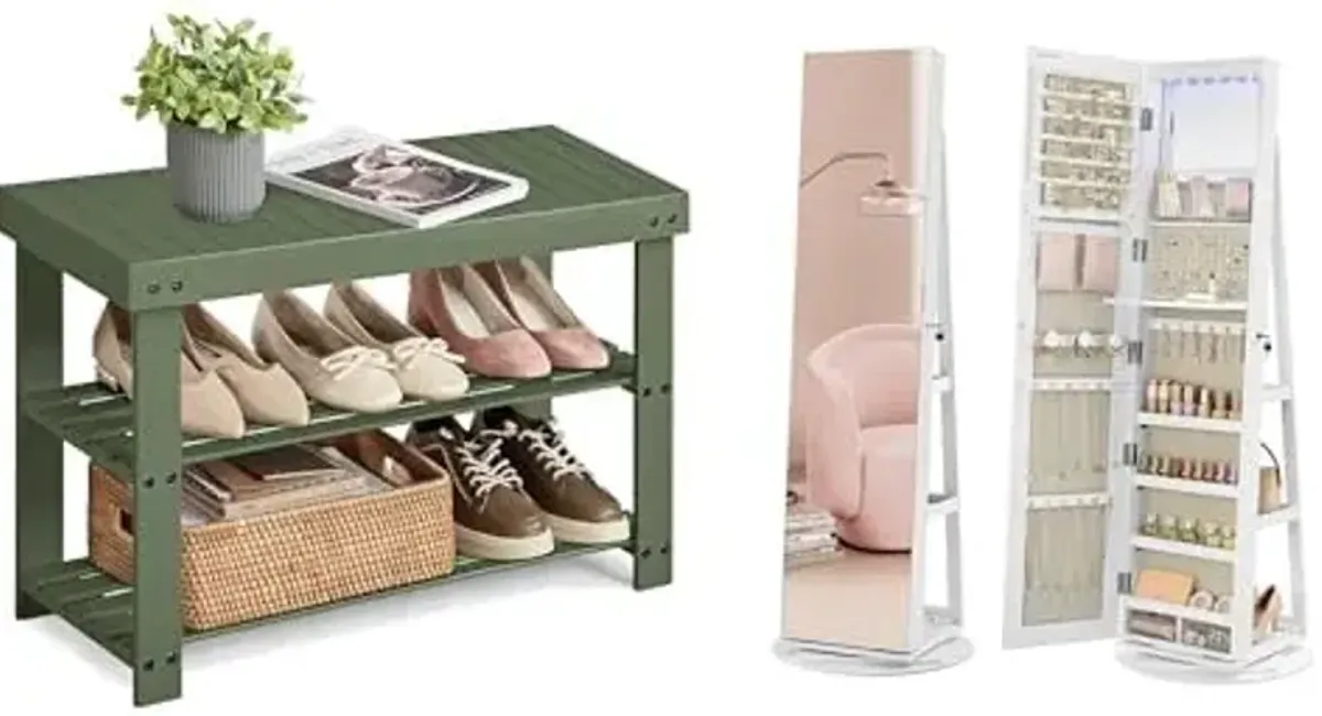 SONGMICS Shoe Rack Bench, 6 LEDs Lockable Mirror Jewelry Cabinet, ULBS004C01 and UJJC007W02V1