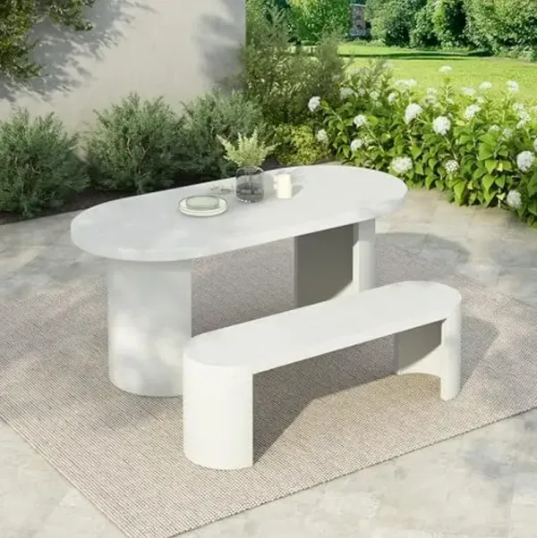Christopher Knight Home Zigg Durable Concrete Outdoor Dining Set with Stylish Terrazzo Finish, Patio Dining Table with Bench, Oval Outdoor Patio Furniture Set with Pedestal Base, White