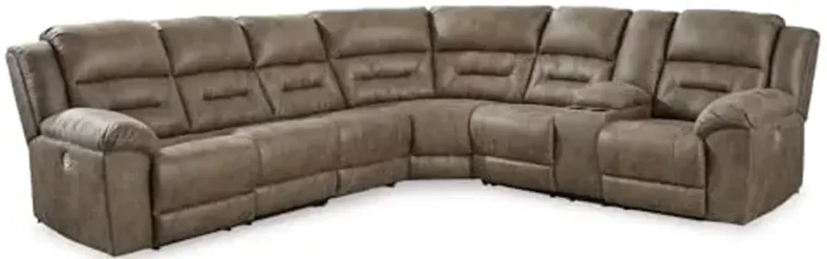 Signature Design by Ashley Ravenel Contemporary Faux Leather Right-Arm Facing 4-Piece Power Reclining Sectional with Armrest, Storage and USB Port, Dark Brown