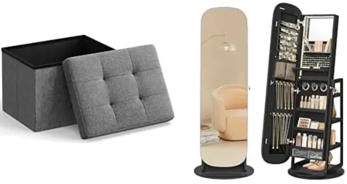 SONGMICS Small Folding Storage Ottoman, Jewelry Storage Cabinet with Rounded Wide Full-Length Mirror, ULSF102G01 and UJJC036B01