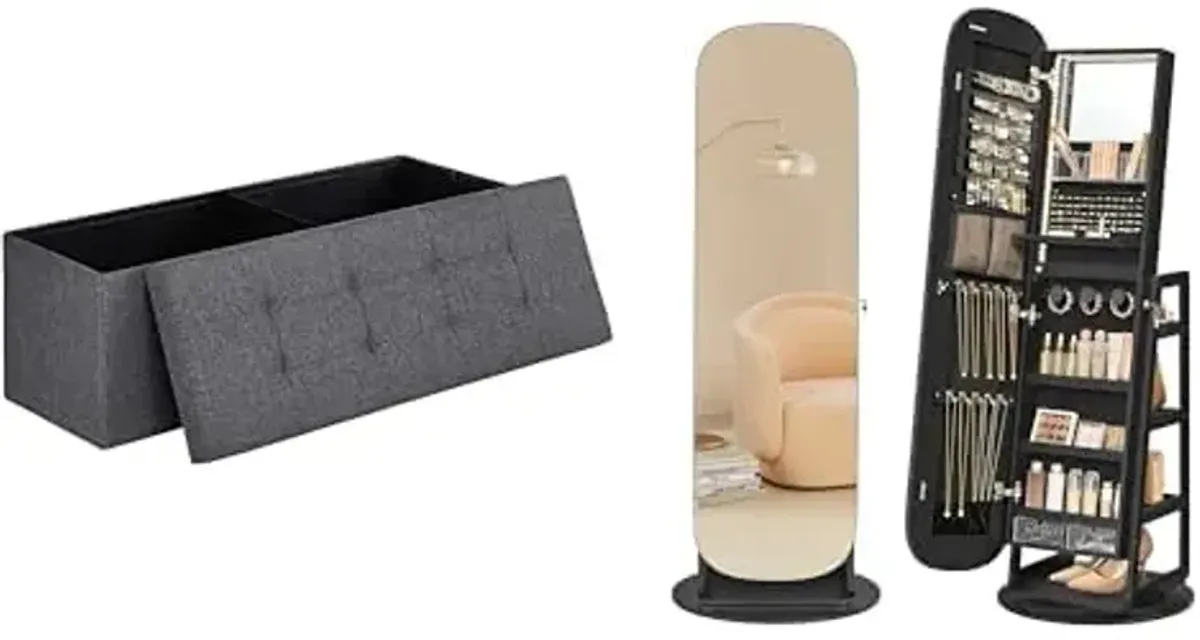SONGMICS 43 Inches Folding Storage Ottoman Bench, Jewelry Storage Cabinet with Rounded Wide Full-Length Mirror, ULSF77K and UJJC036B01