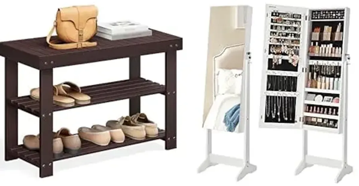 SONGMICS Shoe Rack Bench, Jewelry Cabinet Armoire with 2 Plastic Cosmetic Storage, ULBS04Z and UJJC002W01