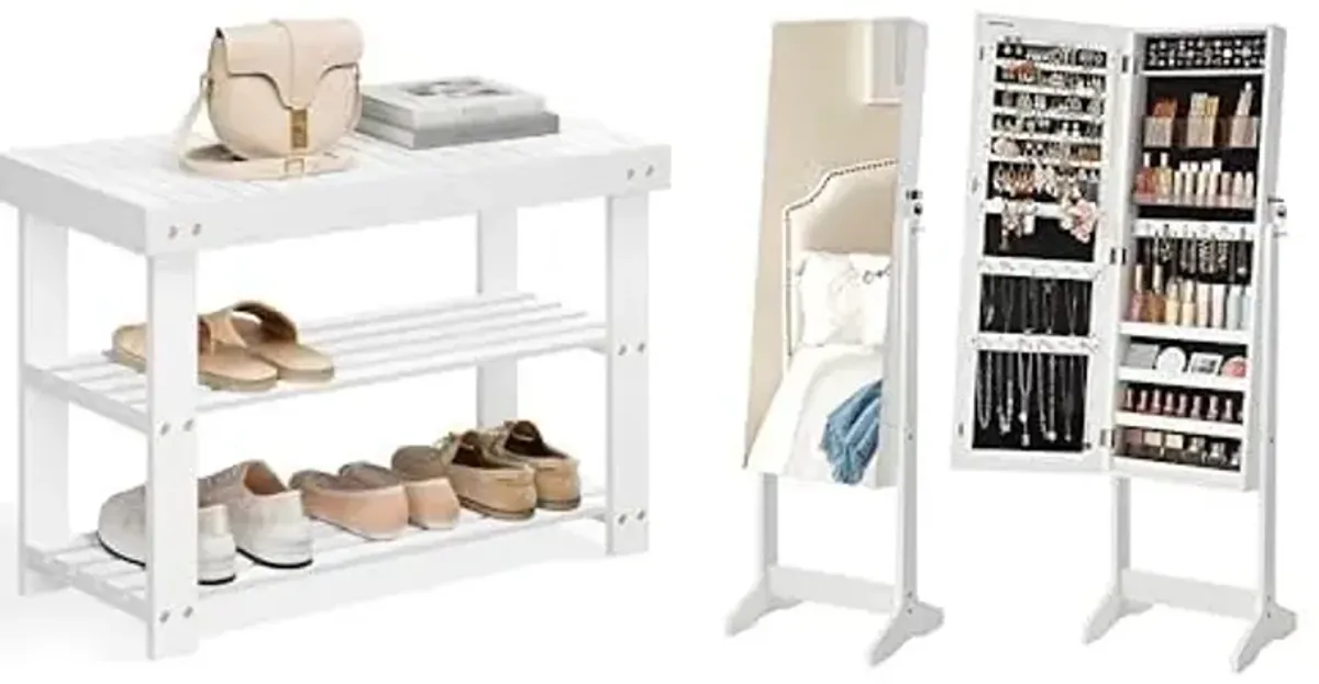 SONGMICS Shoe Rack Bench, Jewelry Cabinet Armoire with 2 Plastic Cosmetic Storage, ULBS004W01 and UJJC002W01