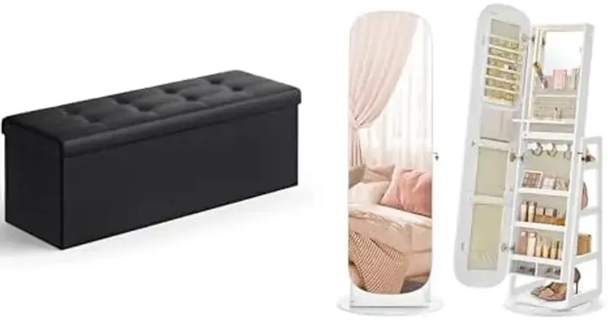 SONGMICS 43 Inches Folding Storage Ottoman Bench, Jewelry Storage Cabinet with Rounded Wide Full-Length Mirror, ULSF701 and UJJC036W01