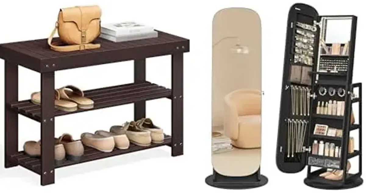 SONGMICS Shoe Rack Bench, Jewelry Storage Cabinet with Rounded Wide Full-Length Mirror, ULBS04Z and UJJC036B01