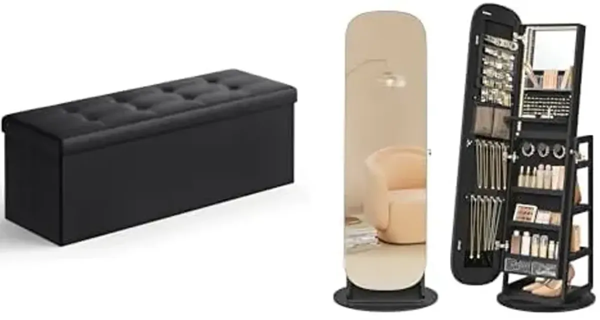 SONGMICS 43 Inches Folding Storage Ottoman Bench, Jewelry Storage Cabinet with Rounded Wide Full-Length Mirror, ULSF701 and UJJC036B01