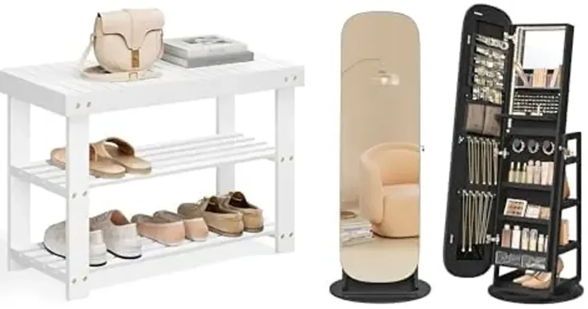 SONGMICS Shoe Rack Bench, Jewelry Storage Cabinet with Rounded Wide Full-Length Mirror, ULBS004W01 and UJJC036B01