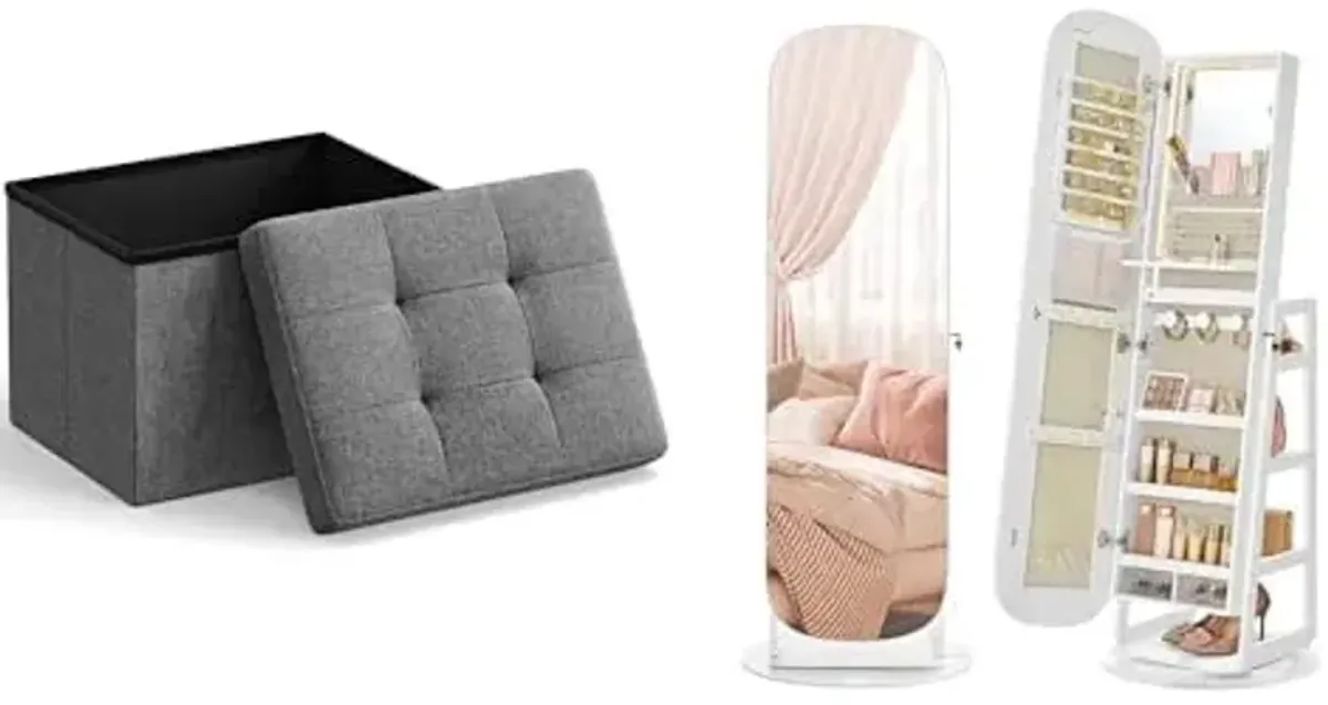 SONGMICS Small Folding Storage Ottoman, Jewelry Storage Cabinet with Rounded Wide Full-Length Mirror, ULSF102G01 and UJJC036W01