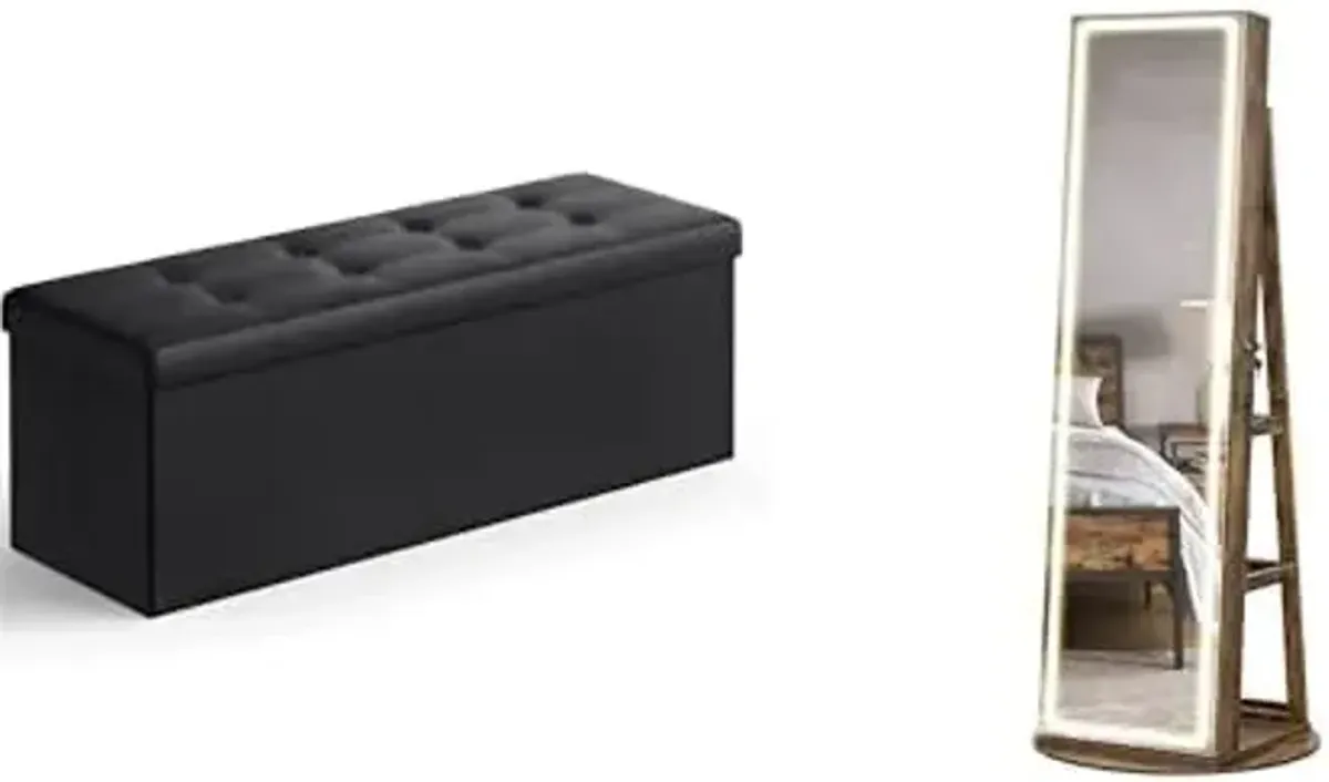 SONGMICS 43 Inches Folding Storage Ottoman Bench, LED Jewelry Cabinet Standing, ULSF701 and UJJC008X01