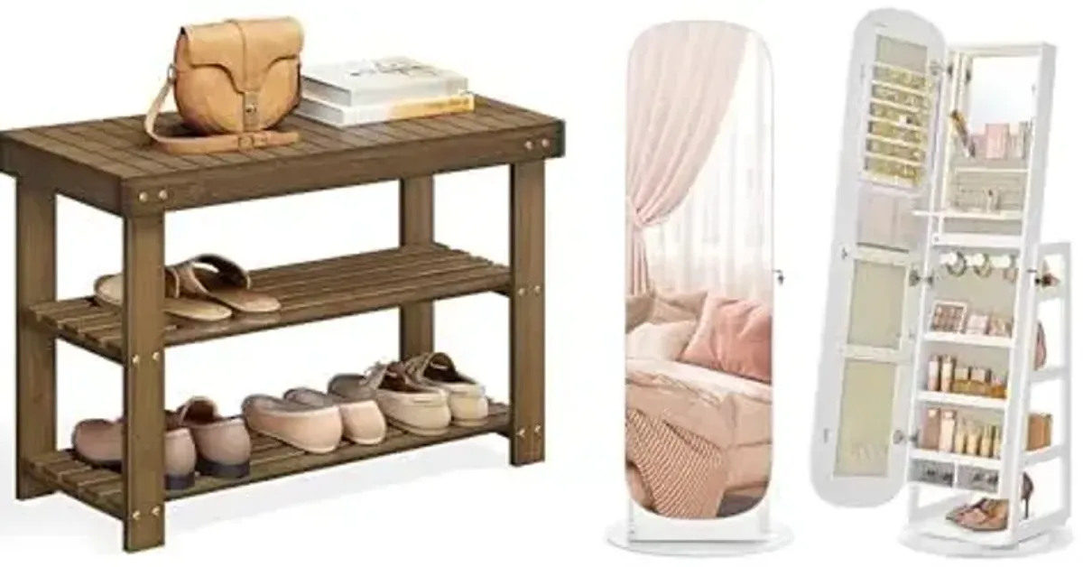 SONGMICS Shoe Rack Bench, Jewelry Storage Cabinet with Rounded Wide Full-Length Mirror, ULBS04WL and UJJC036W01