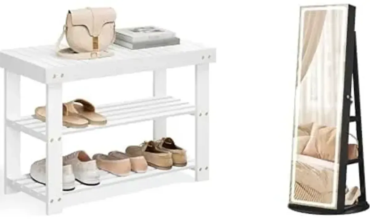 SONGMICS Shoe Rack Bench, LED Jewelry Cabinet Standing, ULBS004W01 and UJJC008B01