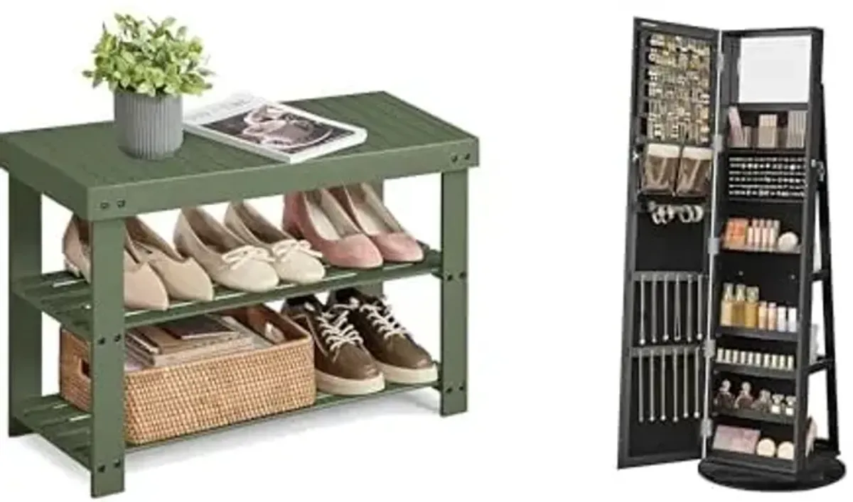 SONGMICS Shoe Rack Bench, 360° Swivel Jewelry Cabinet, ULBS004C01 and UJJC006B01