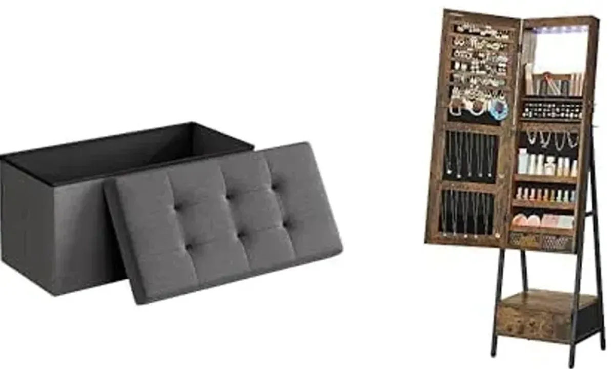 SONGMICS 30 Inches Folding Storage Ottoman Bench, LED Jewelry Cabinet Standing with Full-Length Mirror, ULSF47K and UJJC25X01