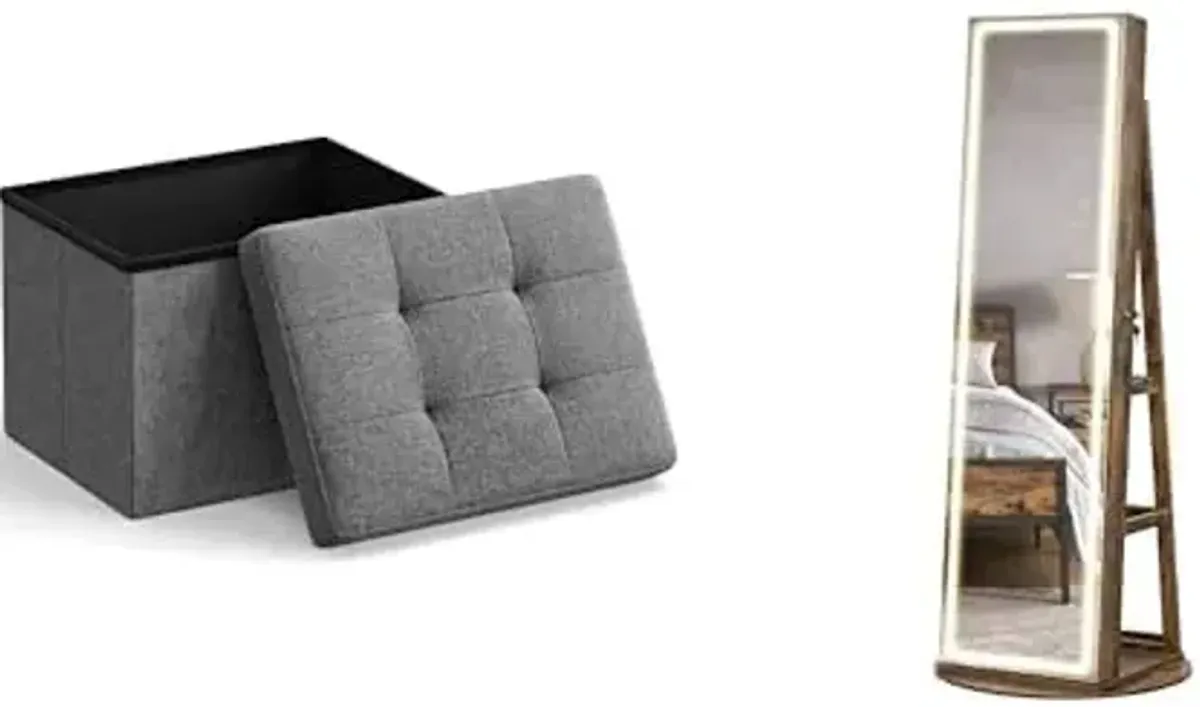 SONGMICS Small Folding Storage Ottoman, LED Jewelry Cabinet Standing, ULSF102G01 and UJJC008X01