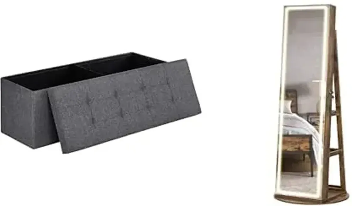 SONGMICS 43 Inches Folding Storage Ottoman Bench, LED Jewelry Cabinet Standing, ULSF77K and UJJC008X01