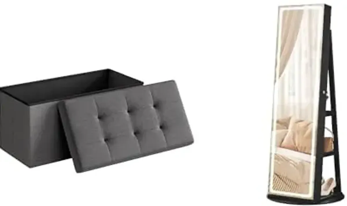 SONGMICS 30 Inches Folding Storage Ottoman Bench, LED Jewelry Cabinet Standing, ULSF47K and UJJC008B01