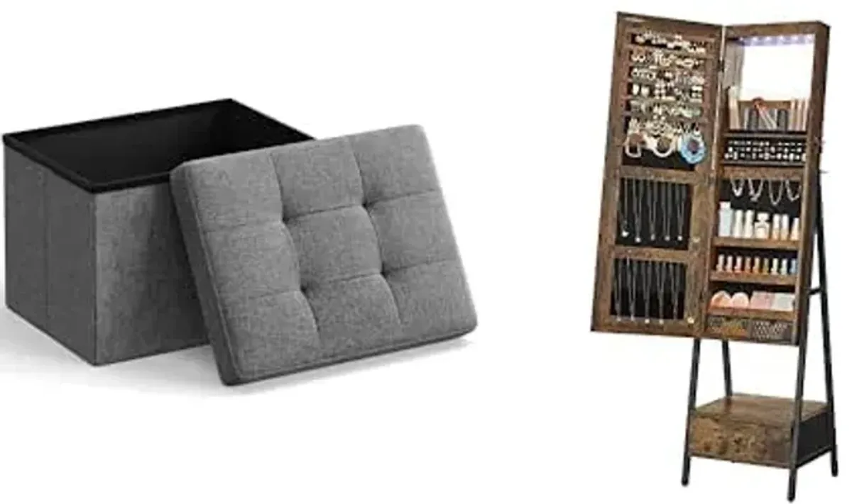 SONGMICS Small Folding Storage Ottoman, LED Jewelry Cabinet Standing with Full-Length Mirror, ULSF102G01 and UJJC25X01