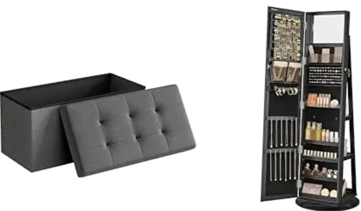 SONGMICS 30 Inches Folding Storage Ottoman Bench, 360° Swivel Jewelry Cabinet, ULSF47K and UJJC006B01
