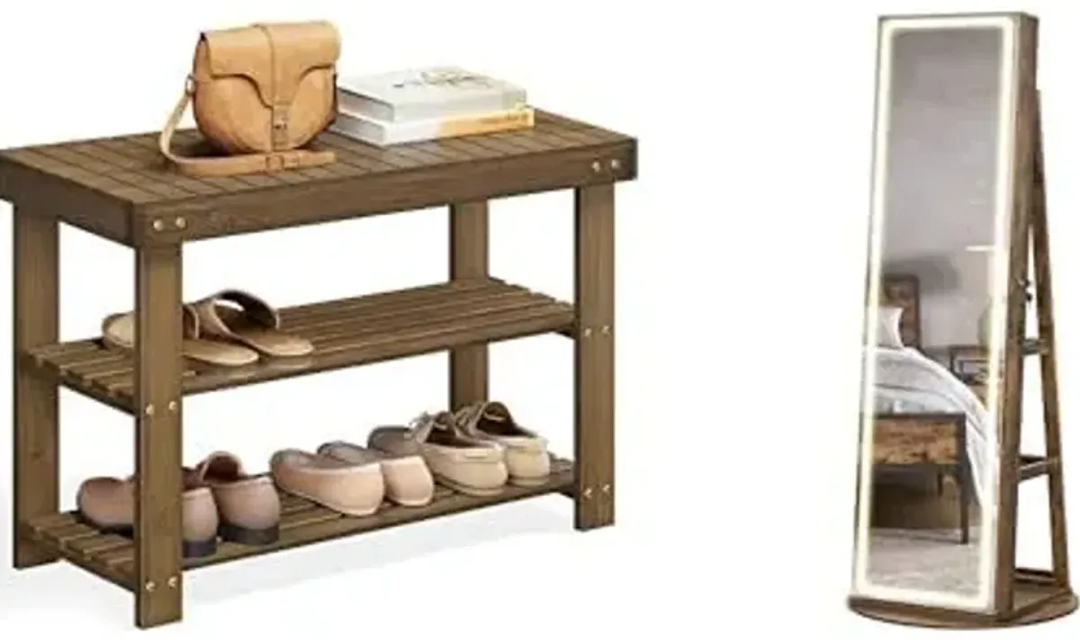 SONGMICS Shoe Rack Bench, LED Jewelry Cabinet Standing, ULBS04WL and UJJC008X01