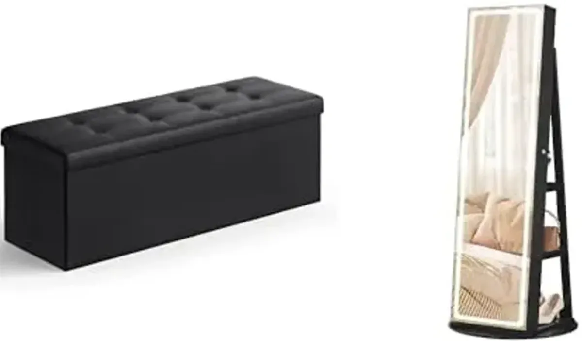 SONGMICS 43 Inches Folding Storage Ottoman Bench, LED Jewelry Cabinet Standing, ULSF701 and UJJC008B01