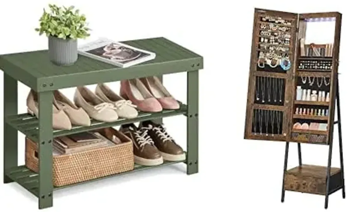 SONGMICS Shoe Rack Bench, LED Jewelry Cabinet Standing with Full-Length Mirror, ULBS004C01 and UJJC25X01